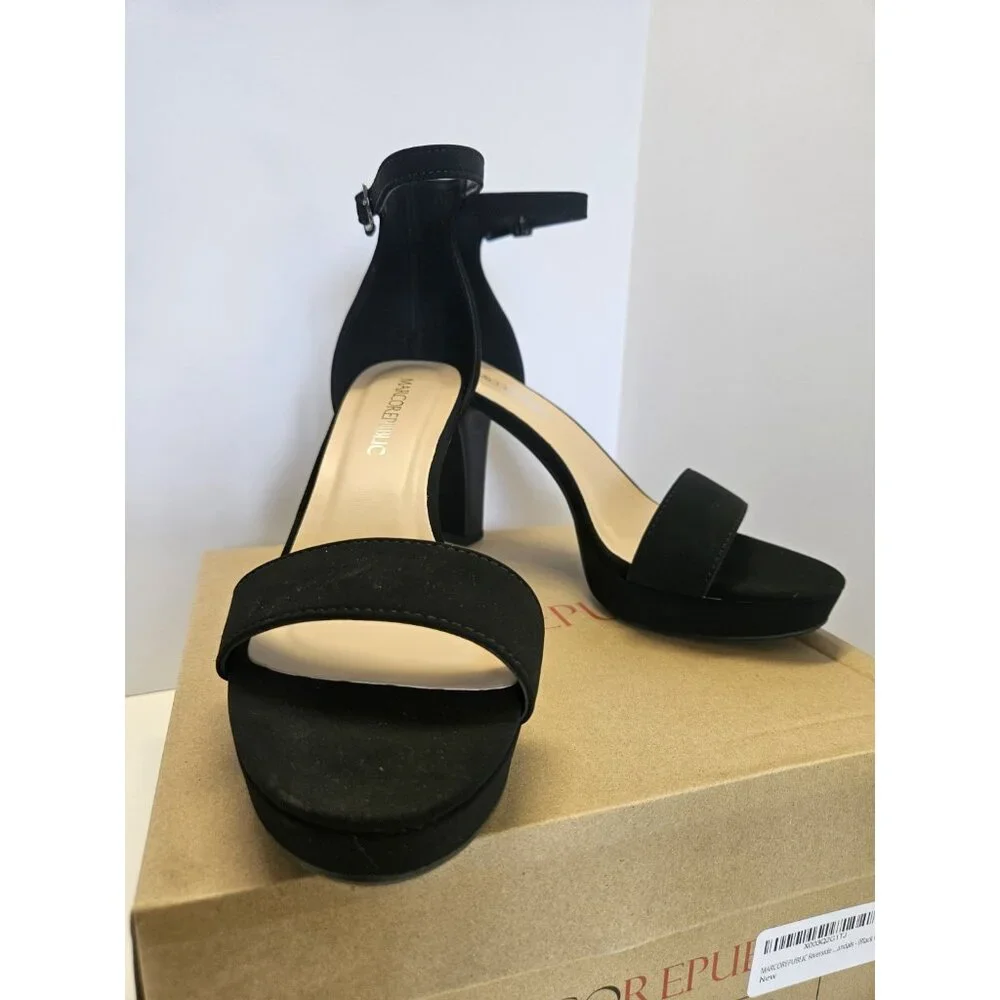Stylish High Block Heel Women's Size 8 Open Toe Platform Ankle Strap Black Suede